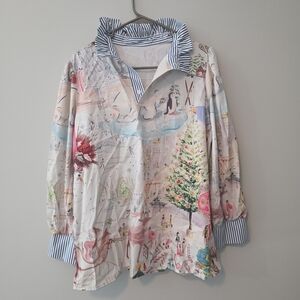 Festive Print Shirt with Striped Collar